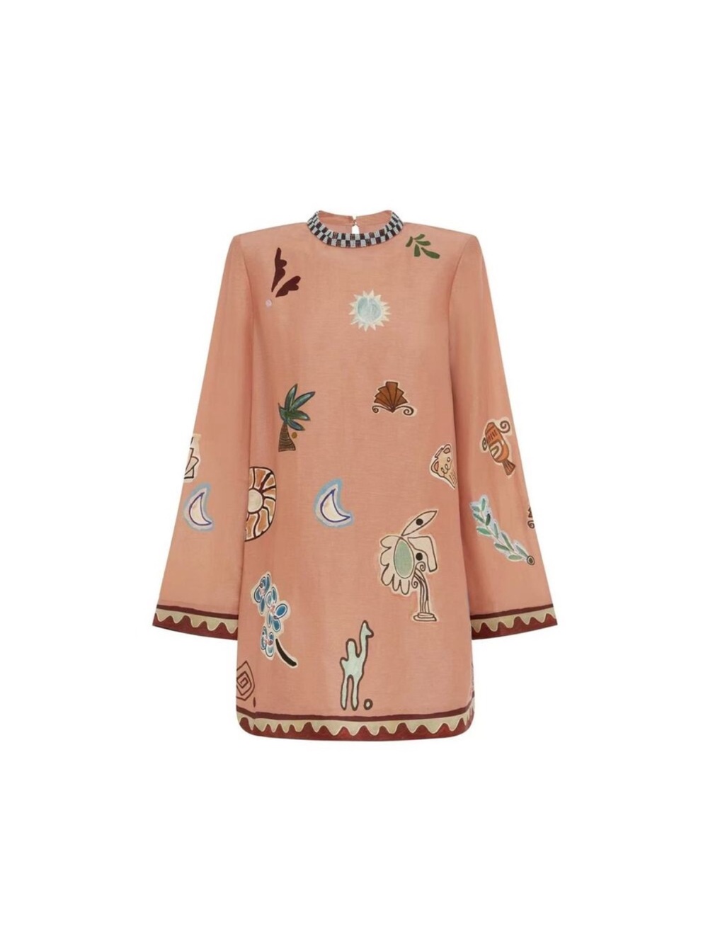 Alemais Peach Embroidered Shift Dress with Multicolor Motifs